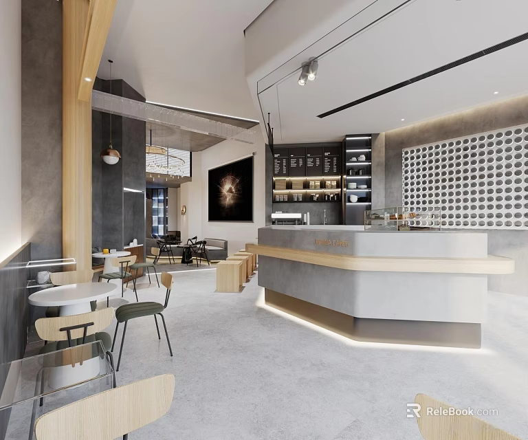 Modern Cafe Interior Design With Wooden Counter Tables Chairs Artwork And Open Shelves 3d model 