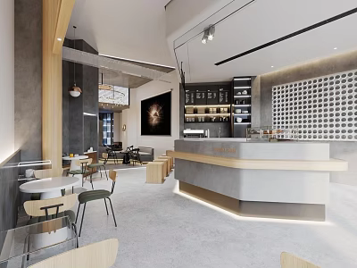 Modern Cafe Interior Design With Wooden Counter Tables Chairs Artwork And Open Shelves 3d model