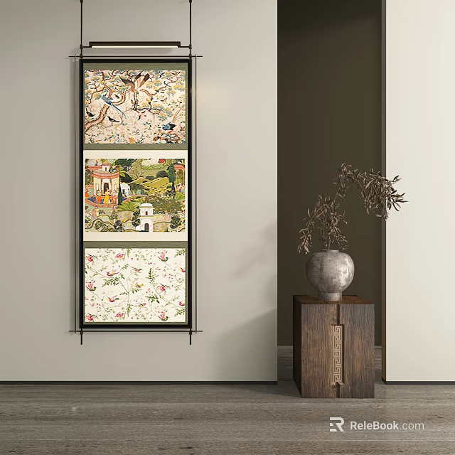 Abstract Painting on Wall with Floral Bird Architectural Motifs and Wooden Cabinet Vase Decor 3d model 