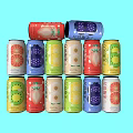 Various Colorful Fruit Flavored Drink Cans Stacked On Blue Background