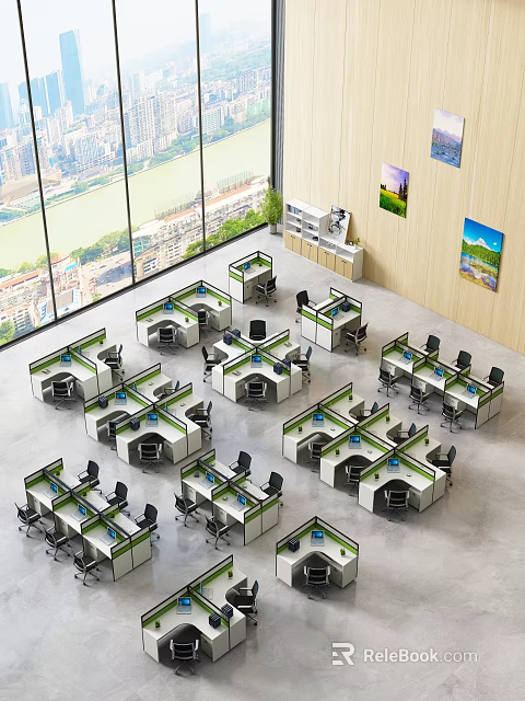 Modern Office Desks in Open Office Area with Multiple Workstations Green Plants and City View 3d model 