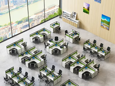 Modern Office Desks in Open Office Area with Multiple Workstations Green Plants and City View 3d model