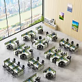 Modern Office Desks in Open Office Area with Multiple Workstations Green Plants and City View