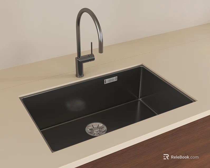 Modern Black Stainless Steel Sink with Silver Faucet on Light Countertop 3d model 