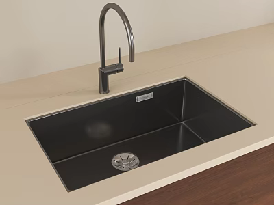 Modern Black Stainless Steel Sink with Silver Faucet on Light Countertop 3d model