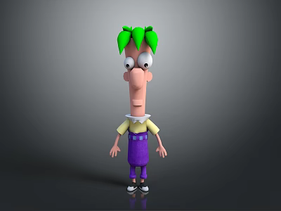 3D Cartoon Game Movie Character with Green Hair Big Eyes Yellow Shirt Purple Pants 3d model
