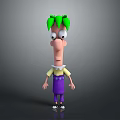 3D Cartoon Game Movie Character with Green Hair Big Eyes Yellow Shirt Purple Pants