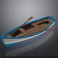 Blue and White Wooden Boat with Wooden Oars and Wooden Interior Seats