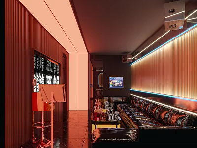 Modern KTV Lounge Interior With Neon Lights Comfortable Sofa TV And Bar Counter 3d model