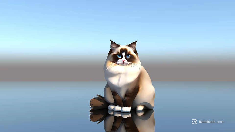 Ragdoll Cat With Blue Eyes Sitting On Smooth Surface With Reflection 3d model 