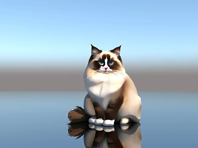 Ragdoll Cat With Blue Eyes Sitting On Smooth Surface With Reflection 3d model
