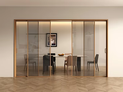 Modern Glass Sliding Doors With Golden Frame Dining Room Table And Chairs Herringbone Floor 3d model