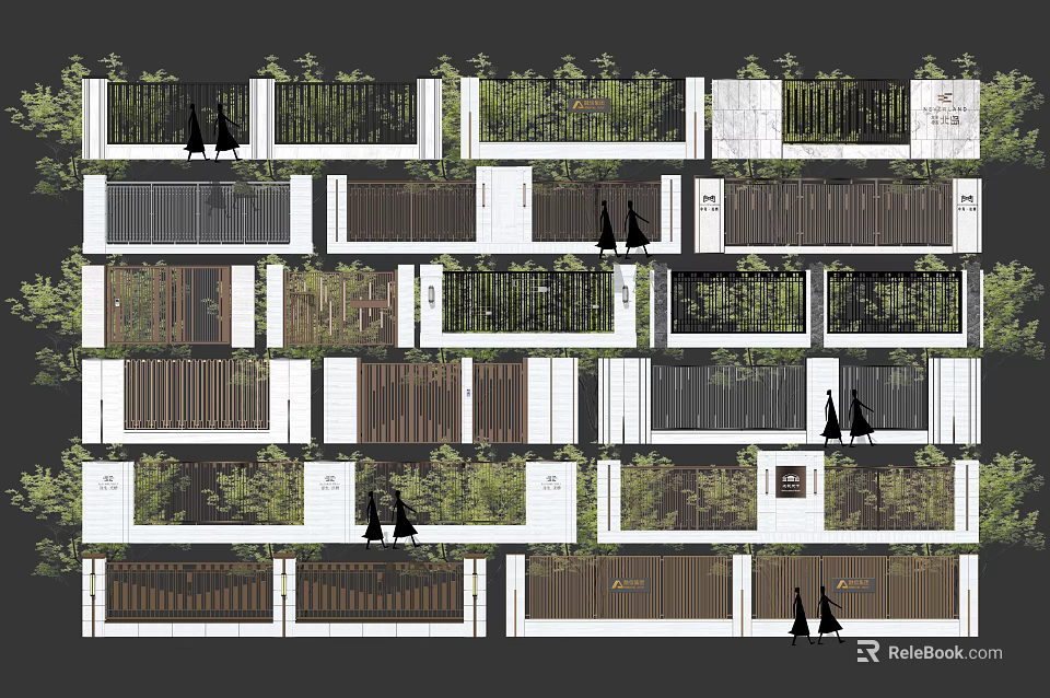 Diverse Modern Building Facades With Greenery Wooden Panels Metal Railings And Pedestrians 3d model 