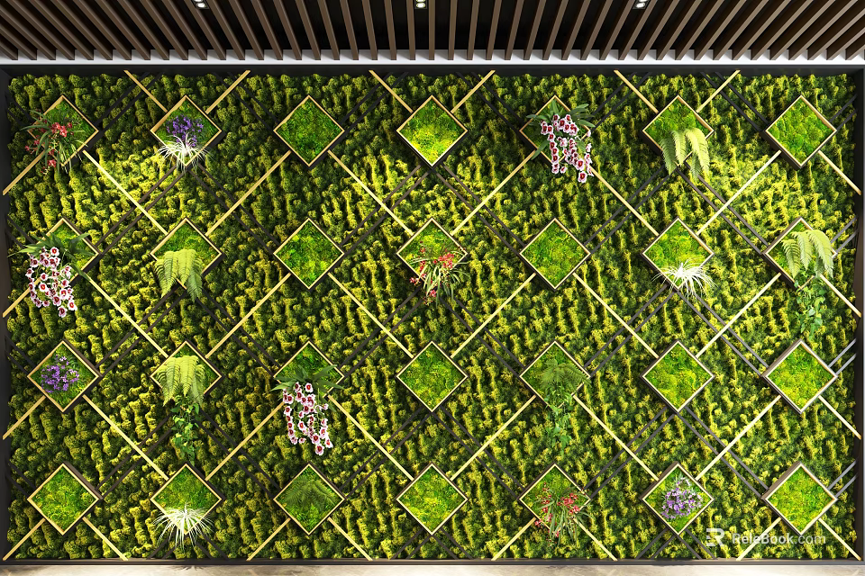 Indoor Living Green Plant Wall With Grid Pattern And Various Greenery Decor Design 3d model 