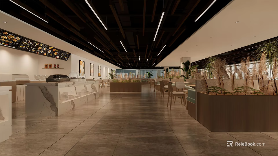 Modern Restaurant Interior Design With Wooden Ceiling Linear Lights Dining Tables And Plants 3d model 