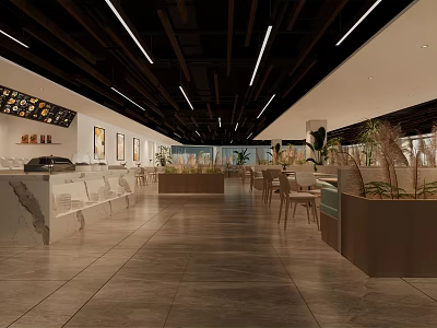Modern Restaurant Interior Design With Wooden Ceiling Linear Lights Dining Tables And Plants 3d model