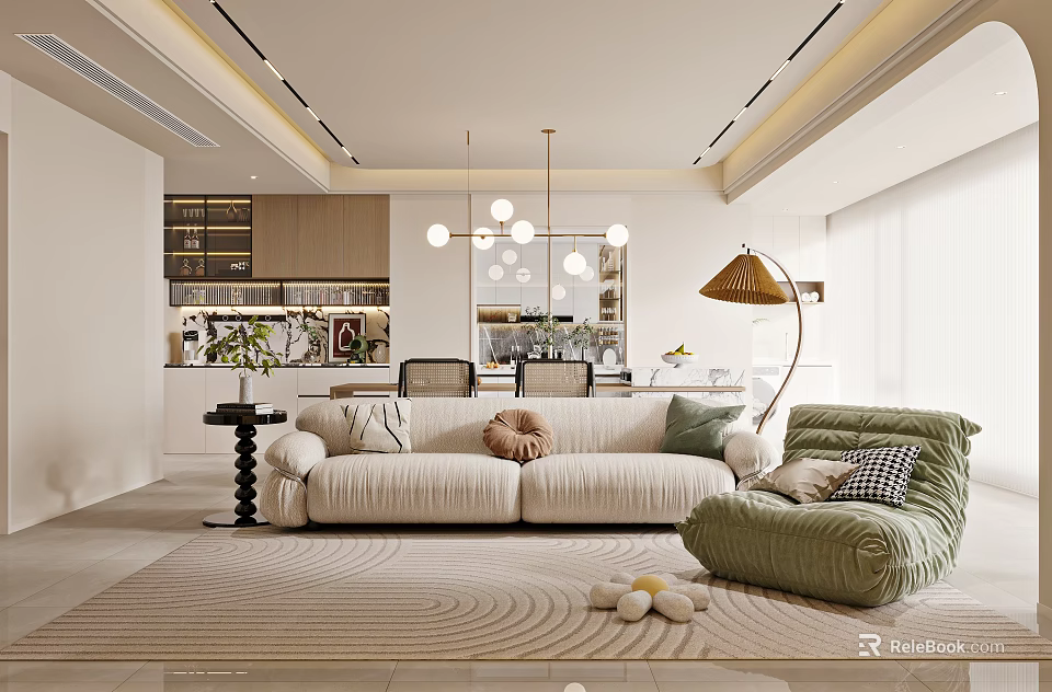 Modern Living and Dining Area With White Sofa Green Armchair Rug And Pendant Lights 3d model 