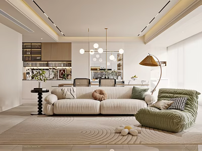 Modern Living and Dining Area With White Sofa Green Armchair Rug And Pendant Lights 3d model