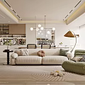 Modern Living and Dining Area With White Sofa Green Armchair Rug And Pendant Lights