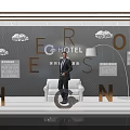 CERSNO Hotel Window Display With Man In Suit White Sofa Golden Letters And Cloud Decor