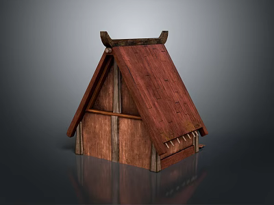 Traditional Small Wooden Building With Red Sloped Roof And Eave Decorations 3d model