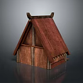 Traditional Small Wooden Building With Red Sloped Roof And Eave Decorations