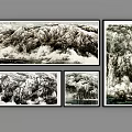 Monochrome Chinese Landscape Paintings Featuring Mountains Clouds Mist Waterfalls And Water Surfaces