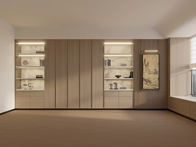 Modern Wooden Bookcase With Open Storage Shelves And Built In Lighting 3d model