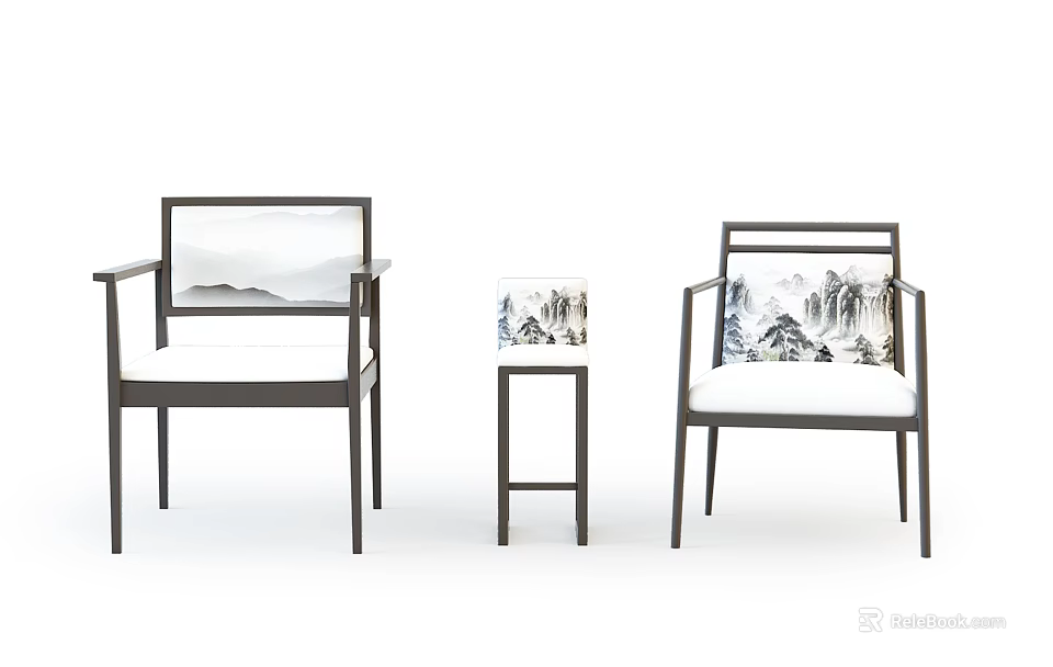 Chinese Style Accent Chairs With Landscape Painting Cushions And Side Table 3d model 