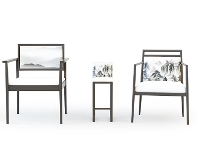 Chinese Style Accent Chairs With Landscape Painting Cushions And Side Table 3d model