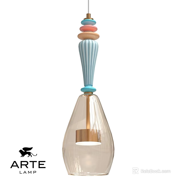 Chandelier Featuring Colorful Top Ornaments Blue Striped Stem And Transparent Glass Shade 3d model 