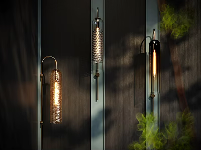 Stylish Wall Lamps With Warm Light Design On Dark Wall And Green Plants 3d model