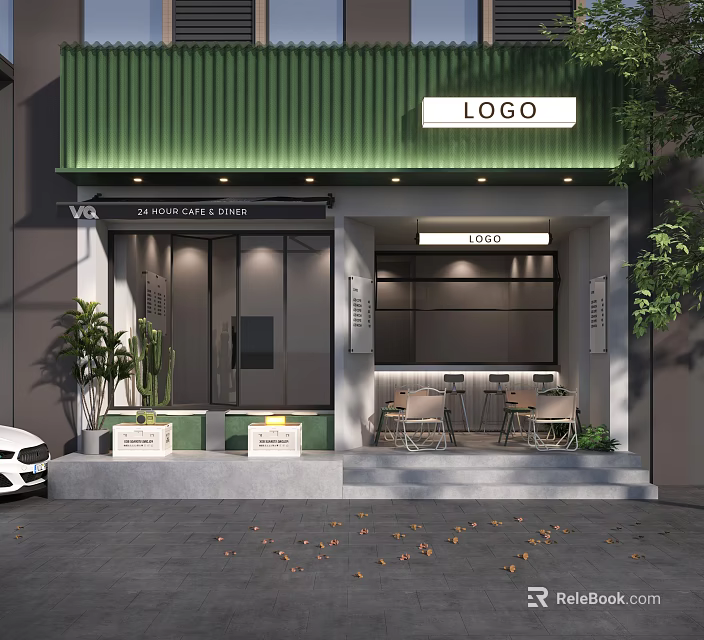 Green Awning Coffee Shop Storefront With Glass Doors Outdoor Seating And Plants 3d model 