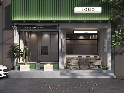 Green Awning Coffee Shop Storefront With Glass Doors Outdoor Seating And Plants 3d model