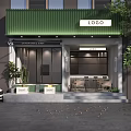 Green Awning Coffee Shop Storefront With Glass Doors Outdoor Seating And Plants