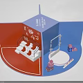 3D Pop-up Photo Check-in Spot with Red Blue Sections White Staircase and Arch Frame