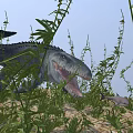 Cartoon Dinosaur Scene With Open Mouth Tall Plants And Grassy Environment