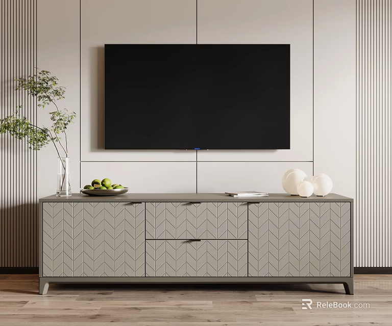 Grey Herringbone TV Stand With Green Plant Fruit Bowl White Spherical Decor And Book 3d model 
