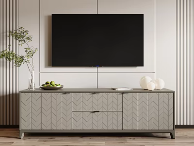 Grey Herringbone TV Stand With Green Plant Fruit Bowl White Spherical Decor And Book 3d model