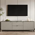 Grey Herringbone TV Stand With Green Plant Fruit Bowl White Spherical Decor And Book
