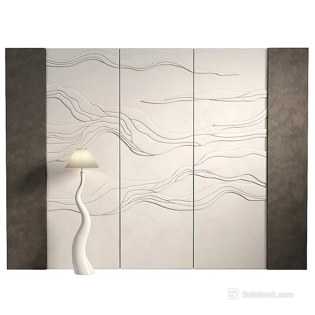 Modern Sofa Backdrop Wall Design With White Wavy Lines Dark Borders And Floor Lamp 3d model