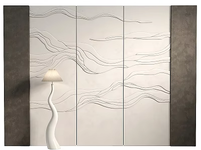 Modern Sofa Backdrop Wall Design With White Wavy Lines Dark Borders And Floor Lamp 3d model