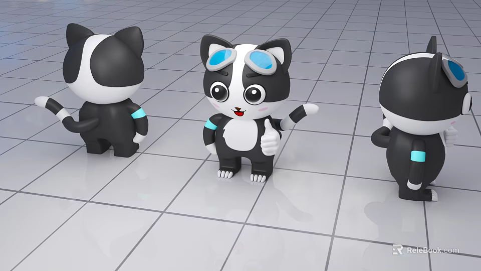 Cute Black And White Cartoon Cat Game Character With Blue Goggles Standing Playful Pose 3d model 