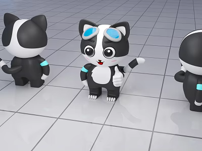 Cute Black And White Cartoon Cat Game Character With Blue Goggles Standing Playful Pose 3d model