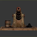 Vintage Historical Weapon Cannon With Red Barrel Wooden Base Ropes And Cannonballs