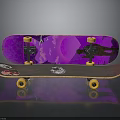 Stylish Skateboard Decks With Purple Black Graphics Yellow Wheels And Black Trucks