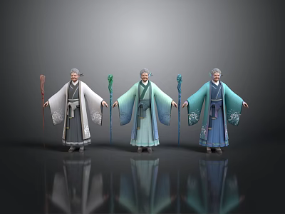 Three Elderly Men In Traditional Robes Holding Staffs Standing With Floor Reflections 3d model