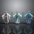 Three Elderly Men In Traditional Robes Holding Staffs Standing With Floor Reflections
