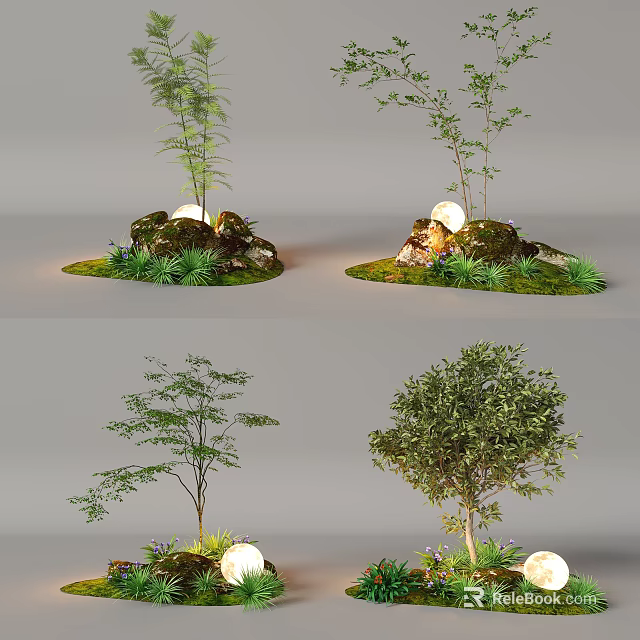 Diverse Plant Combinations With Trees Rocks Moss Small Green Plants And Glowing Orbs 3d model 