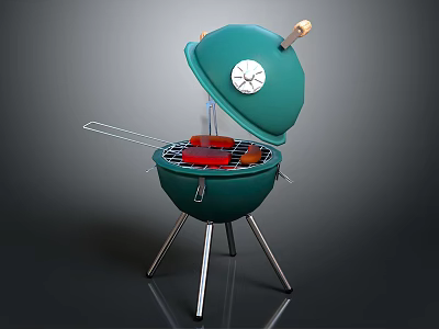 Green Barbecue Grill With Open Lid Grill Rack And Food Items On Metal Legs 3d model